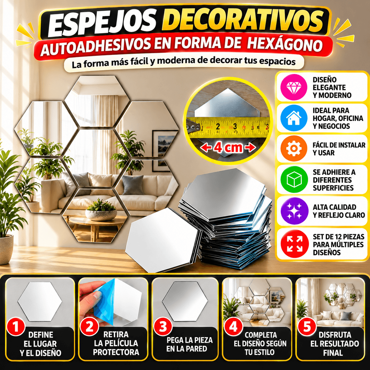 Pack de 10 piezas - Espejos Decorativos Hexagonales Autoadhesivos