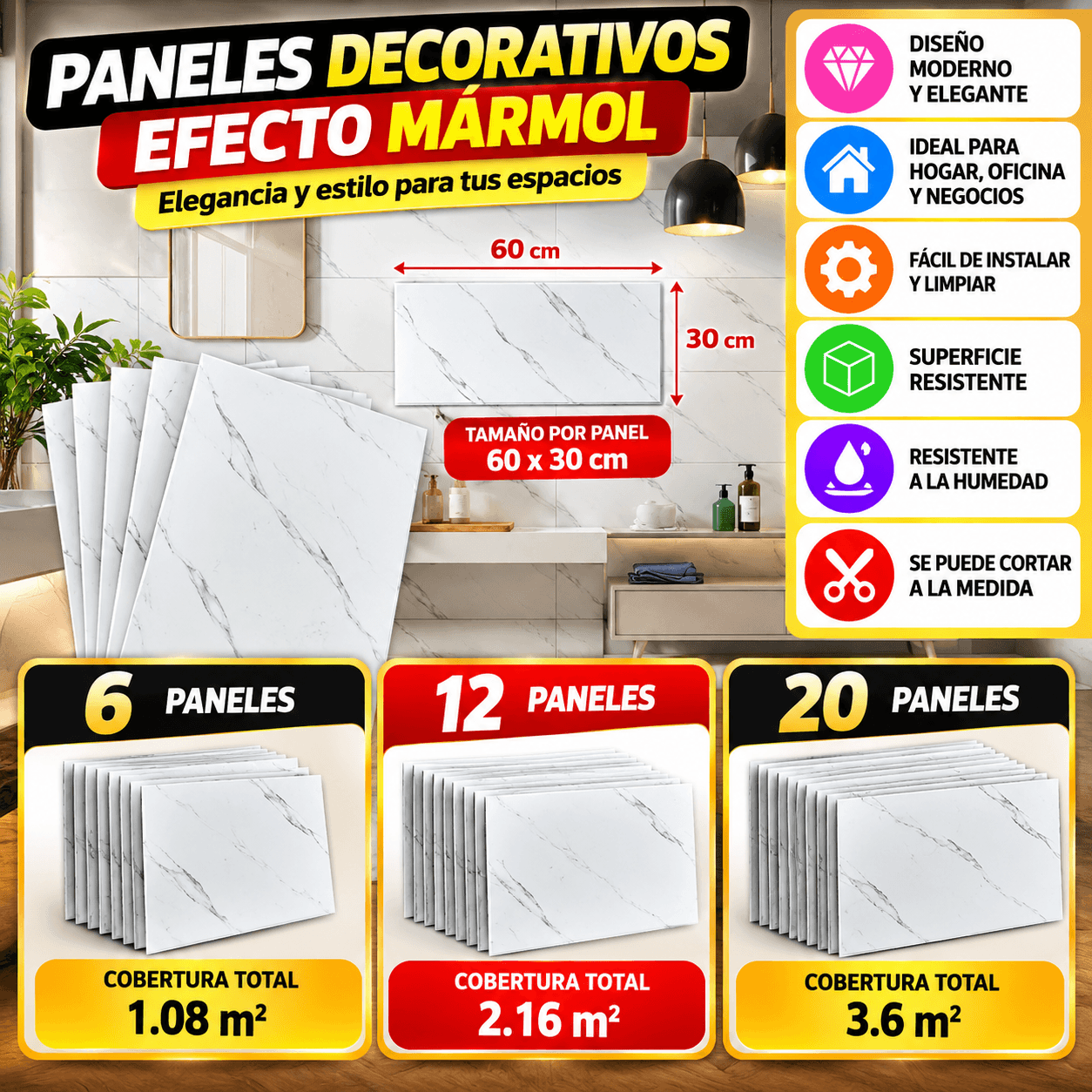 Paneles Decorativos Efecto Mármol 60 × 30 cm